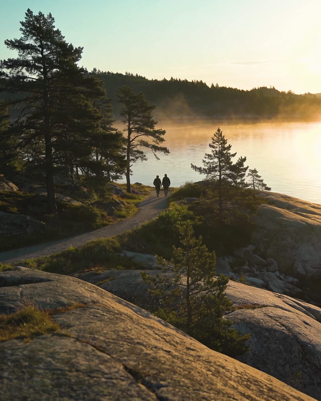 Kyststi ved fjorden i tidlig morgenlys, to personer går tur